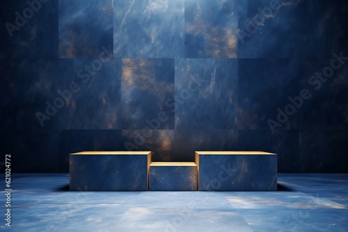 青いマーブル模様の背景に表面が金色の三つの四角い展示台がある抽象テンプレート。AI生成画像