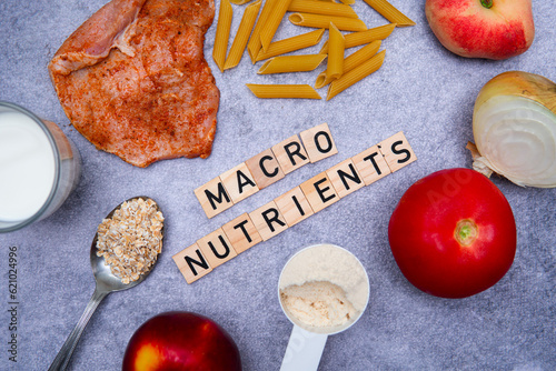 the inscription macronutrients next to food products such as milk, fruits, vegetables, meat. A healthy balanced diet.