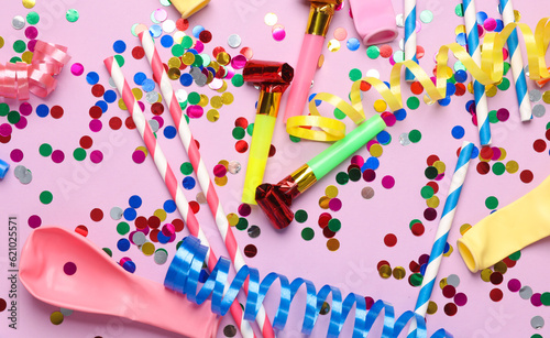 Birthday, holiday background with party accessories. Flat lay, top view composition