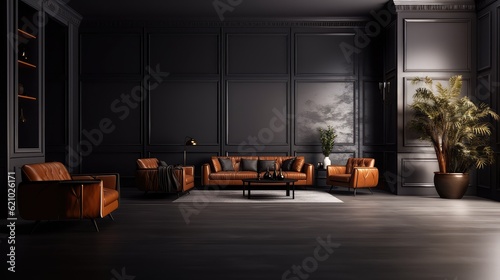 living room with modern interior design for home against the background of a dark classic wall, Generative AI. © Onchira