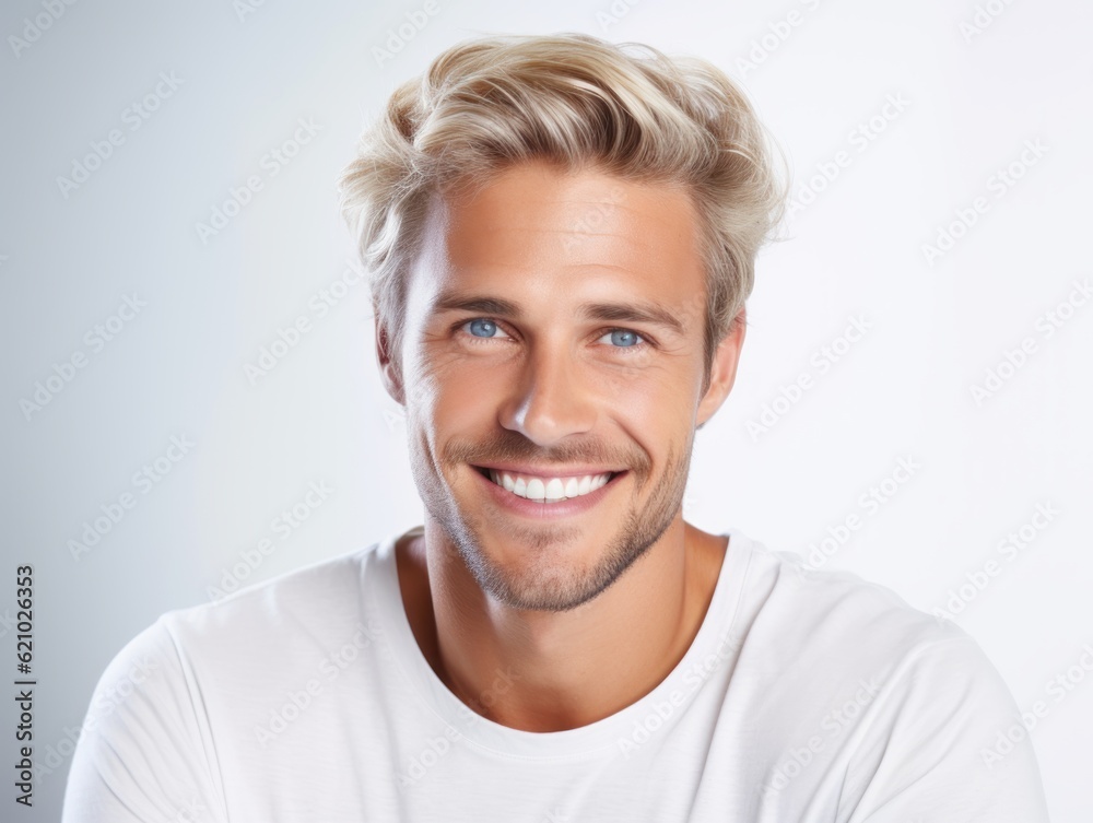 a closeup photo portrait of a handsome blonde scandinavian man smiling with clean teeth. for a dental ad. guy with fresh stylish hair with strong jawline. isolated on white background. Generative AI - obrazy, fototapety, plakaty 