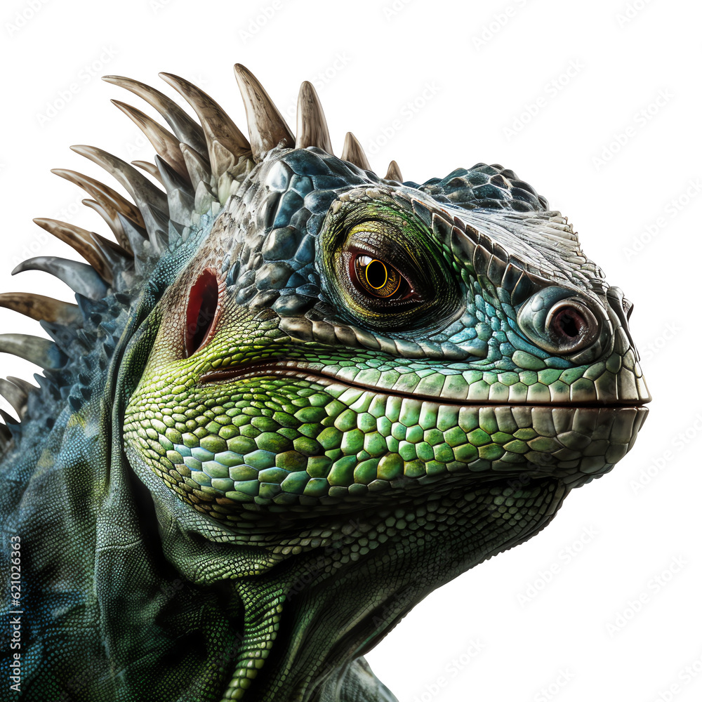 Green iguana head portrait isolated - Generative AI Green iguana head portrait isolated - Generative AI