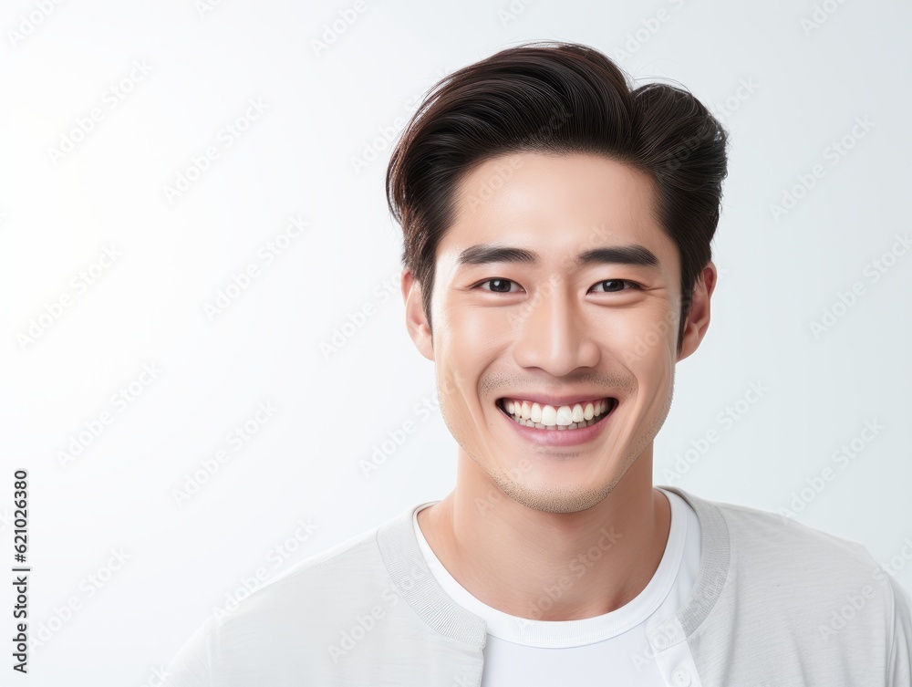 a closeup photo portrait of a handsome asian man smiling with clean teeth. used for a dental ad. guy with fresh stylish hair with strong jawline. isolated on white background. Generative AI a closeup photo portrait of a handsome asian man smiling with clean teeth. used for a dental ad. guy with fresh stylish hair with strong jawline. isolated on white background. Generative AI