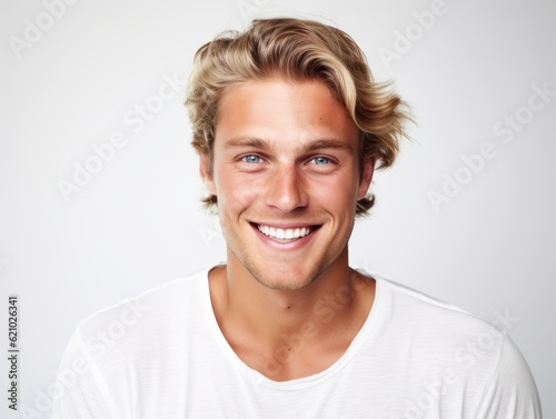 a closeup photo portrait of a handsome blonde scandinavian man smiling with clean teeth. for a dental ad. guy with fresh stylish hair with strong jawline. isolated on white background. Generative AI photo