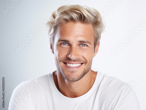 a closeup photo portrait of a handsome blonde scandinavian man smiling with clean teeth. for a dental ad. guy with fresh stylish hair with strong jawline. isolated on white background. Generative AI