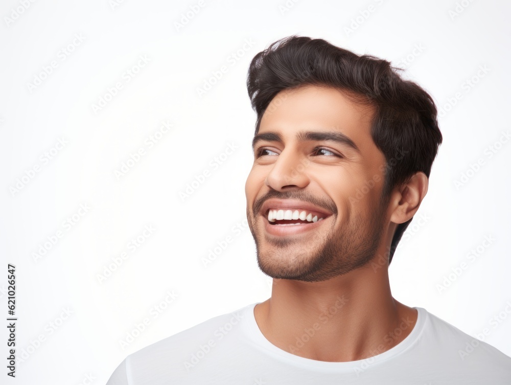 Obraz premium a closeup photo portrait of a handsome indian man smiling with clean teeth. used for a dental ad. guy with fresh stylish hair and beard with strong jawline. isolated on white background. Generative AI
