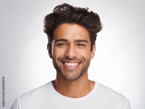 a closeup photo portrait of a handsome indian man smiling with clean teeth. used for a dental ad. guy with fresh stylish hair and beard with strong jawline. isolated on white background. Generative AI