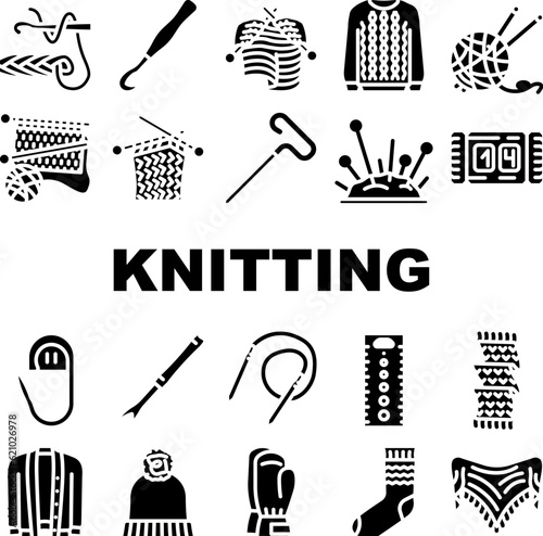 knitting wool textile knit icons set vector. thread fabric, craft handmade, yarn warm, sweater knitwear, fashion woolen knitting wool textile knit glyph pictogram Illustrations