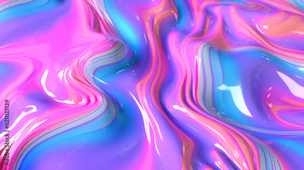 Seamless 80s holographic pink and blue frosted molten plastic jelly waves background. Generative Ai