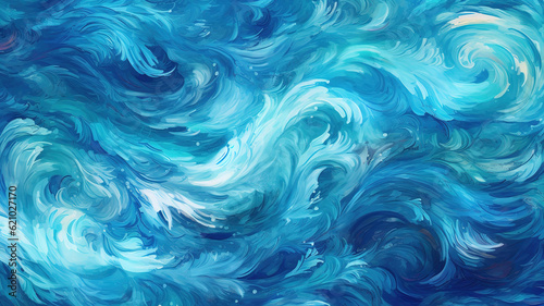 Seamless abstract turquoise blue rolling ocean waves seascape painting background. Generative Ai