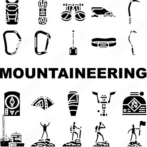 mountaineering tool sport icons set vector. adventure climbing, extreme equipment, climber activity, alpinism hiking, rope mountaineering tool sport glyph pictogram Illustrations