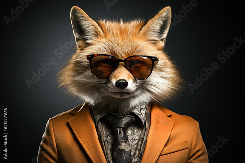 Portrait of red fox with sunglasses wearing suit and tie on solid background. Generative AI.