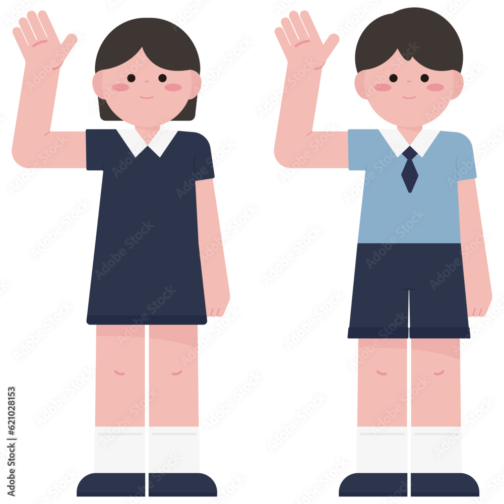 boy and girl greeting with hands up boy and girl greeting with hands up