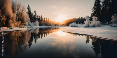 Snowy Winter Landscape with Stunning Sunrise Reflection in Frozen Lake © MiroArt