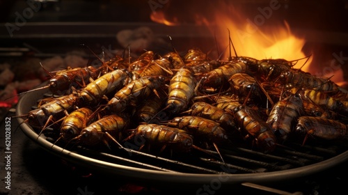Summer bbq barbecue protein food photography background - Tasty grilled locust insects on table with smoke and flames (Generative Ai) photo