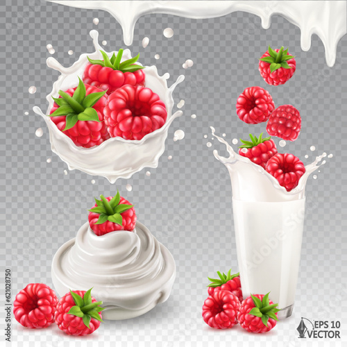 Realistic vector raspberry in milk or yogurt with drops. Bowl of natural yogurt or cream. Ripe berries falling into a glass of fresh milk. 3d isolated food illustrations set