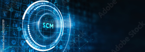 SCM - Supply Chain Management. Supply Chain Management SCM. Aspects of Modern Company Logistics Processes. 3d illustration