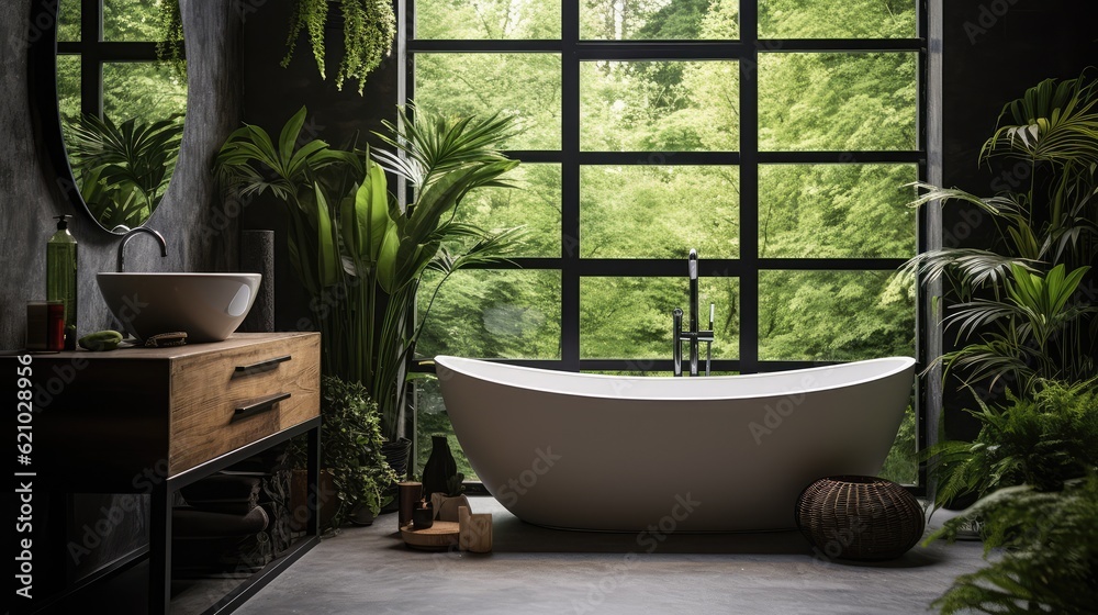Bright bathroom with subway tile and a variety of dark green plants of deep forest style, Generative AI Bright bathroom with subway tile and a variety of dark green plants of deep forest style, Generative AI