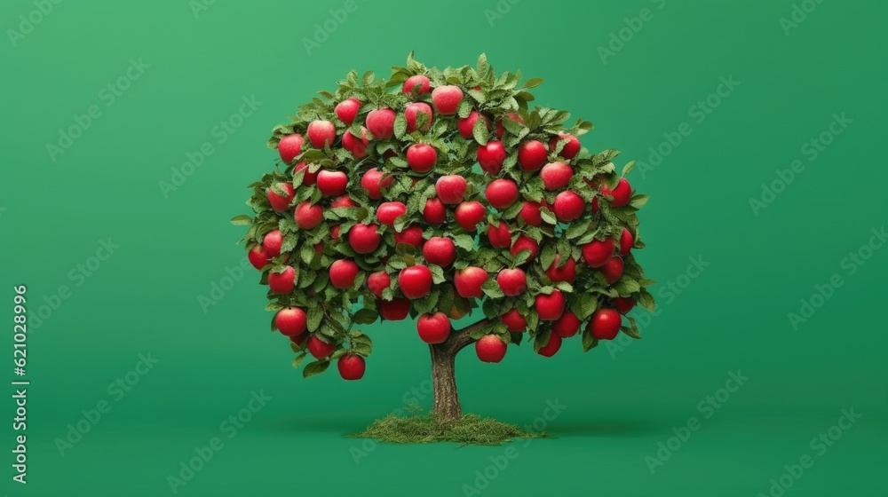 Apple tree with red apples in isolation on a green background