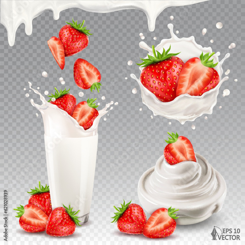 Realistic vector strawberry in milk or yogurt with drops. Bowl of natural yogurt or cream. Ripe berries falling into a glass of fresh milk. 3d isolated food illustrations set, strawberry collection