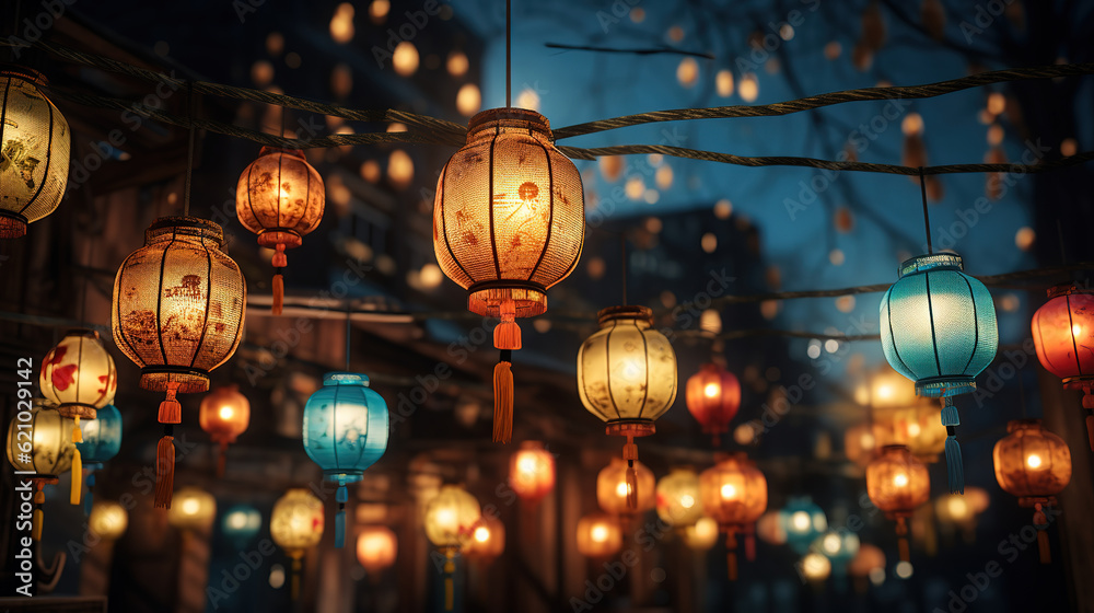 A sky full of lanterns with the word love on it. Generative Ai
