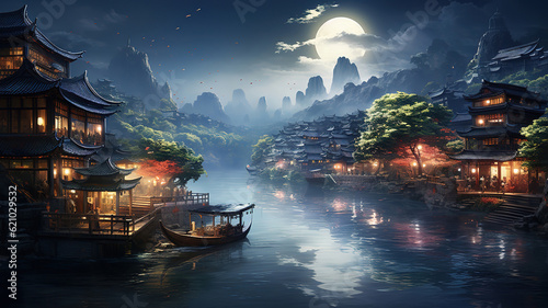 The qinhuai river in nanjing, jiangsu province of China a full moon in the night. Generative Ai photo