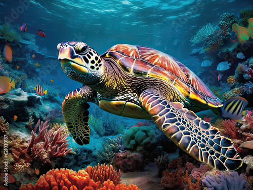 Peaceful Underwater Scene with 3D Illustration Turtle and Vibrant Coral Reef
