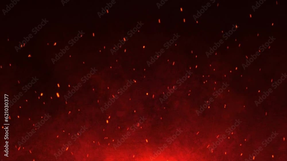 3D animation. Burning red hot sparks rise from large fire seamless loop. Background of bonfire, light and life. Fiery orange glowing flying ember particles on black background