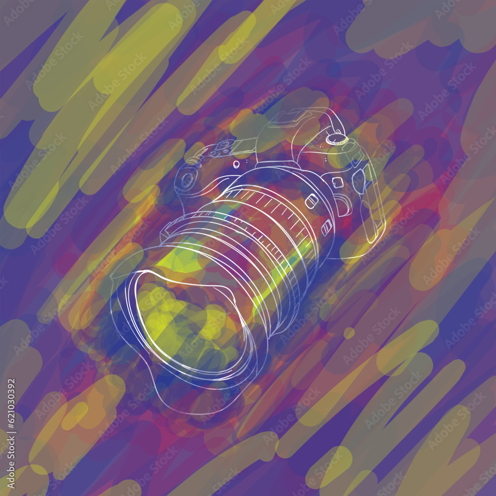 Camera in hand drawn design with colorful background in water painting ...