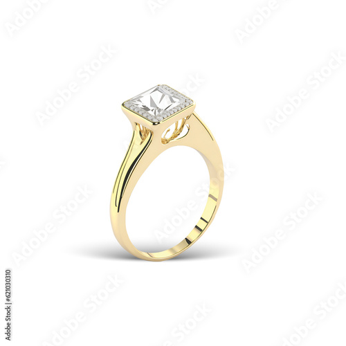 Blank gold ring with diamond mockup stand, half-turned view, 3d rendering. Empty female sparkle jewelery with carat mock up, isolated. Clear platinum metal accessory template.