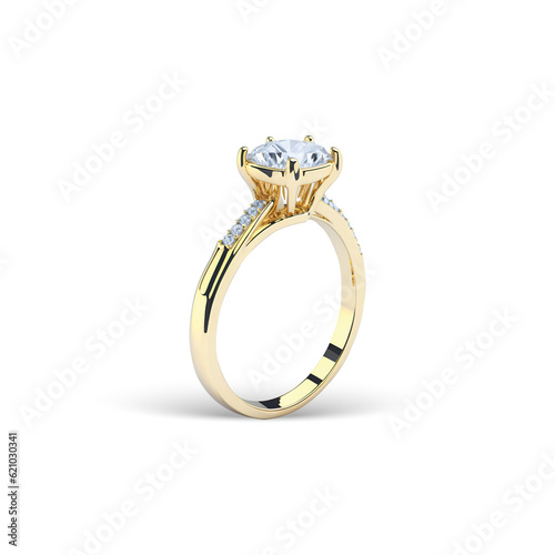 Blank gold ring with diamond mockup stand, half-turned view, 3d rendering. Empty female sparkle jewelery with carat mock up, isolated. Clear platinum metal accessory template. photo