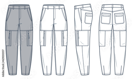 Cargo Pants technical fashion Illustration, grey design. Jeans Pants fashion flat technical drawing template, gusset pockets, front, side and back view, white, women, men, unisex CAD mockup set.