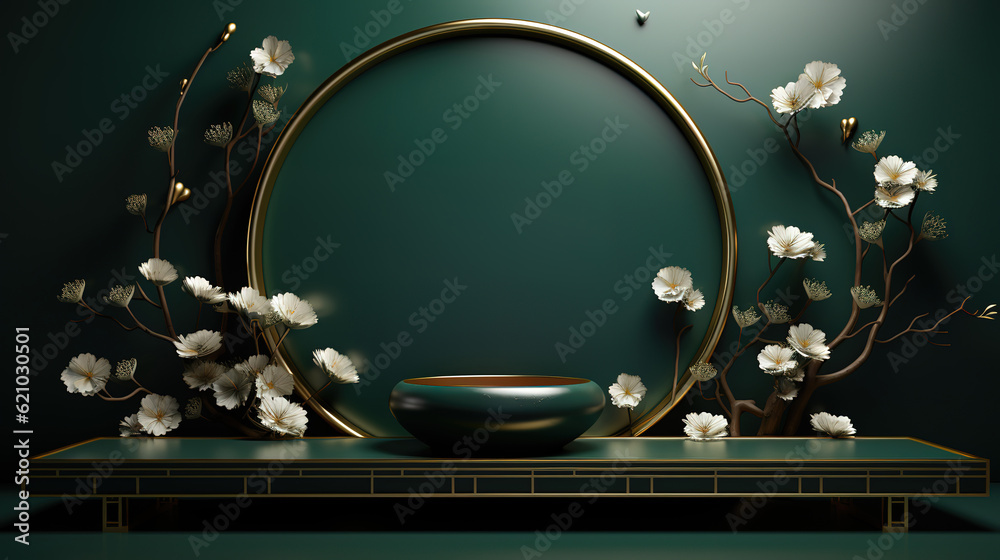 Obraz premium Luxury japan green podium decoration suitable for products3d rendering. Generative Ai