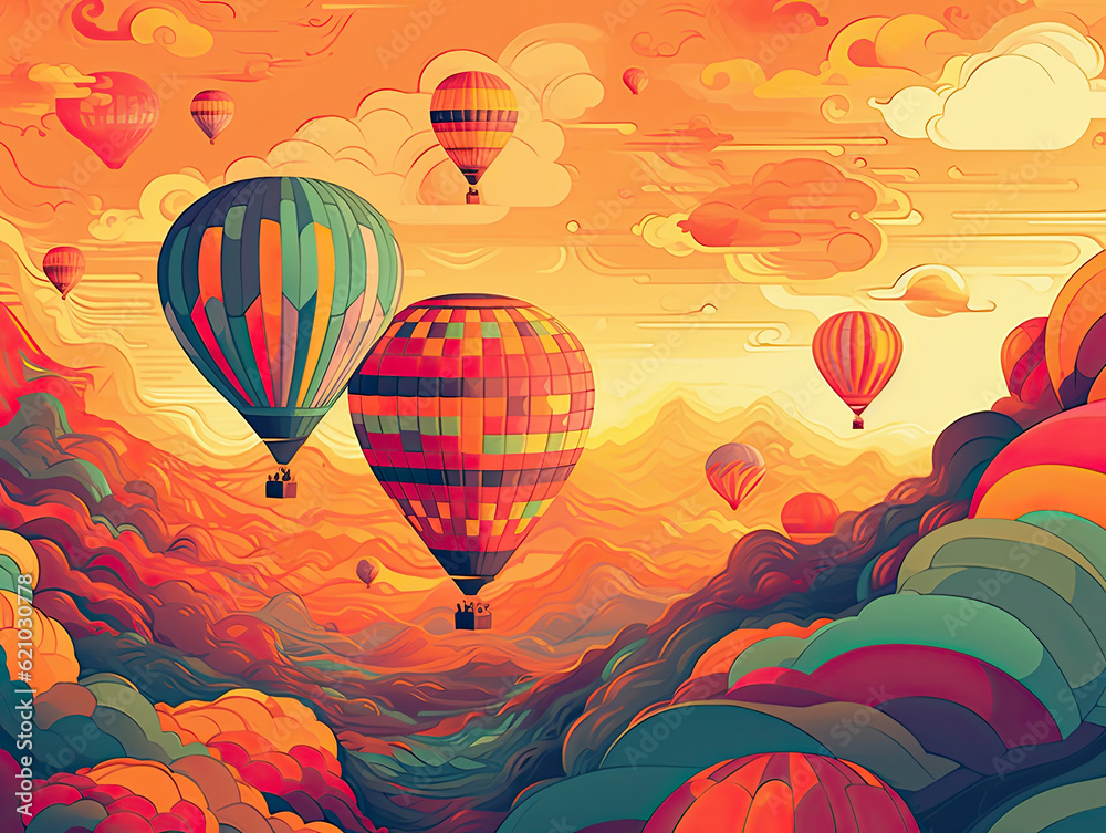 Naklejka premium Blazing Hot Air Balloons in Fiery Sky
