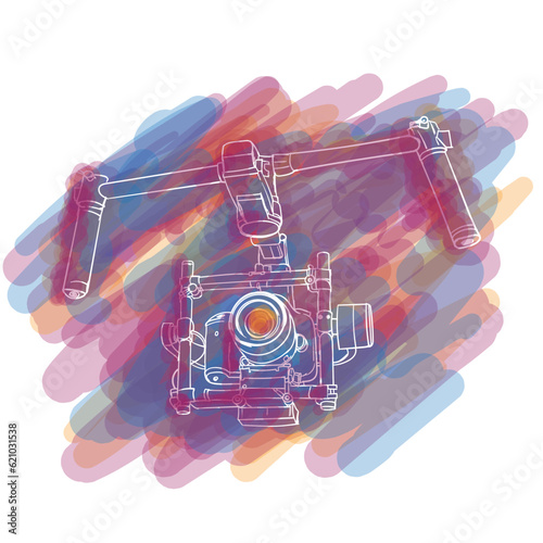 Camera with gimbal in hand drawn design with water painting design for photography day template