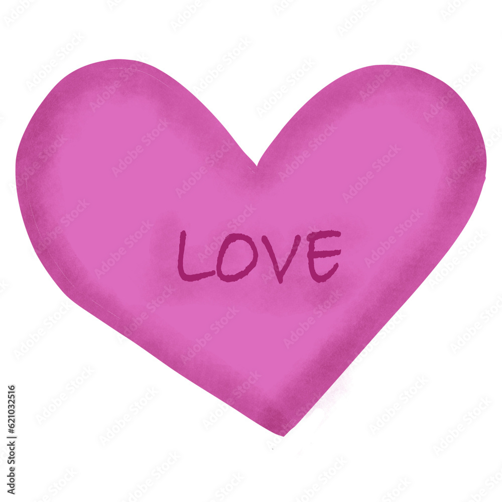 The pink heart has the word love in the middle.