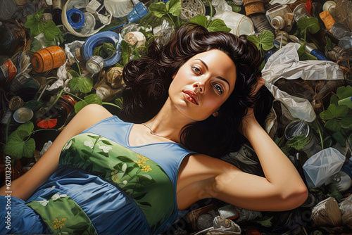 Generative AI illustration of beautiful women surrounded by garbage and unrecycled plastic photo