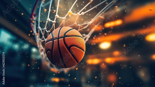 Ball in basketball hoop. photo