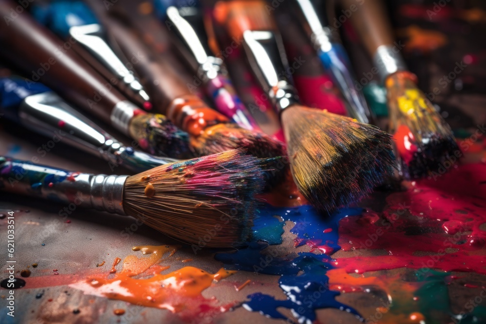 Fototapeta premium paints and brushes, Creative Close-Up of Brightly Painted Brushes on a Canvas, Showcasing Fine Droplets and Splatters of Paint