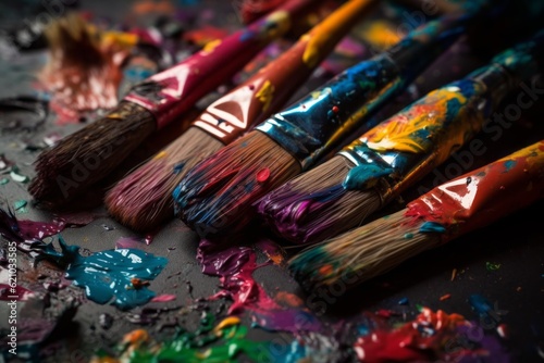 paints and brushes, Creative Close-Up of Brightly Painted Brushes on a Canvas, Showcasing Fine Droplets and Splatters of Paint
