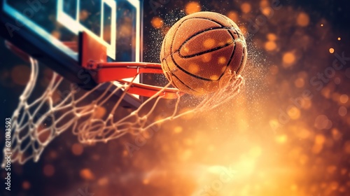 Ball in basketball hoop.