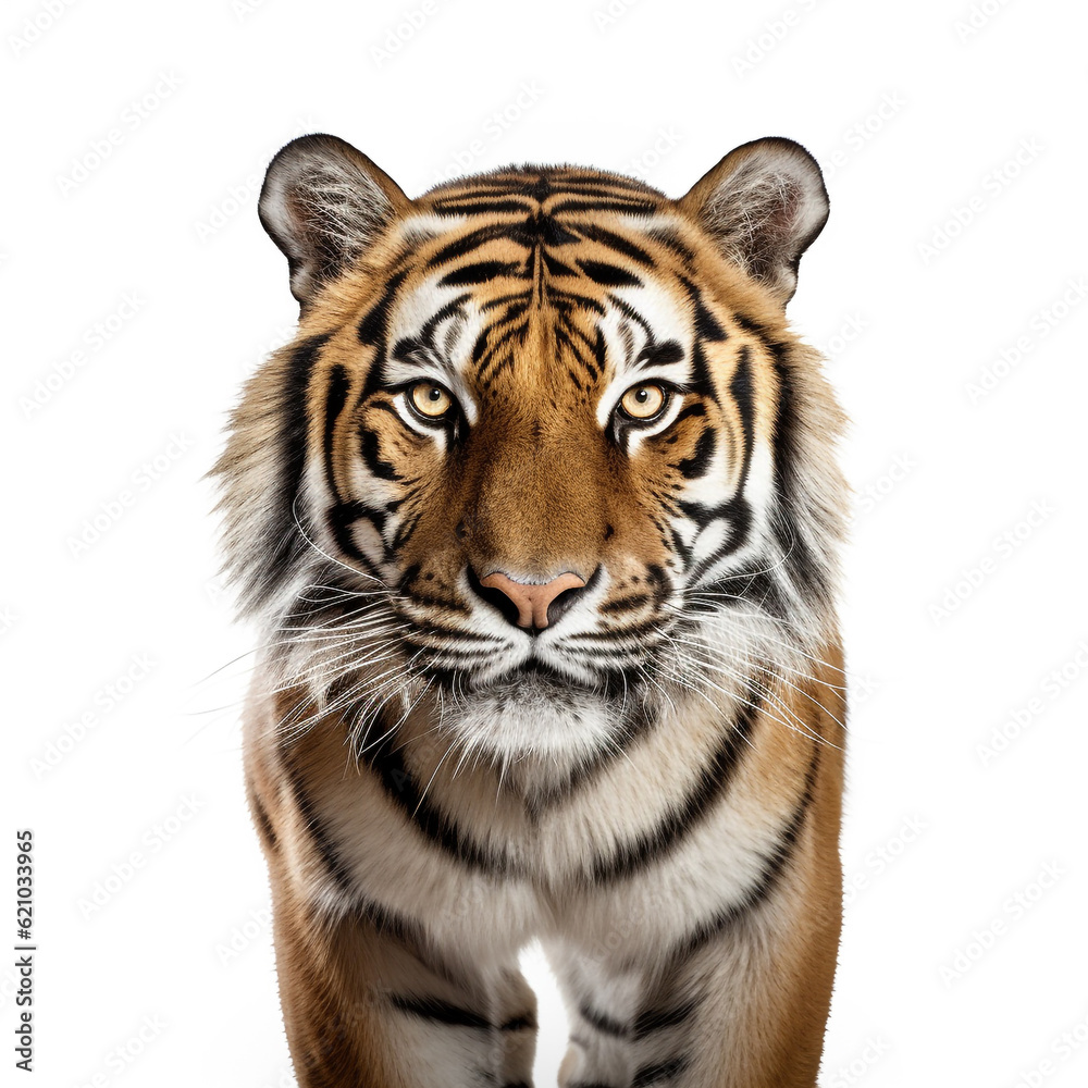 Fototapeta premium An adult tiger isolated on white background. Fierce eyes are watching the future.