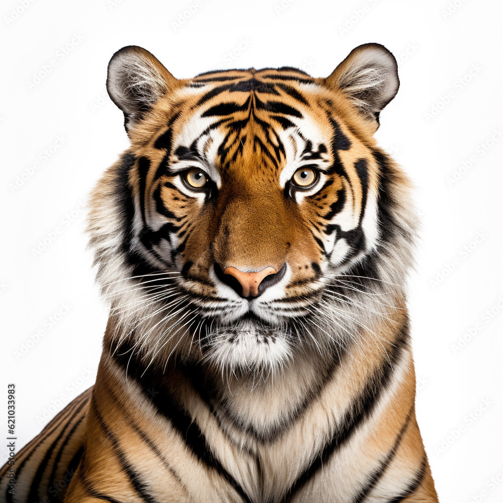An adult tiger isolated on white background. Fierce eyes are watching the future. An adult tiger isolated on white background. Fierce eyes are watching the future.