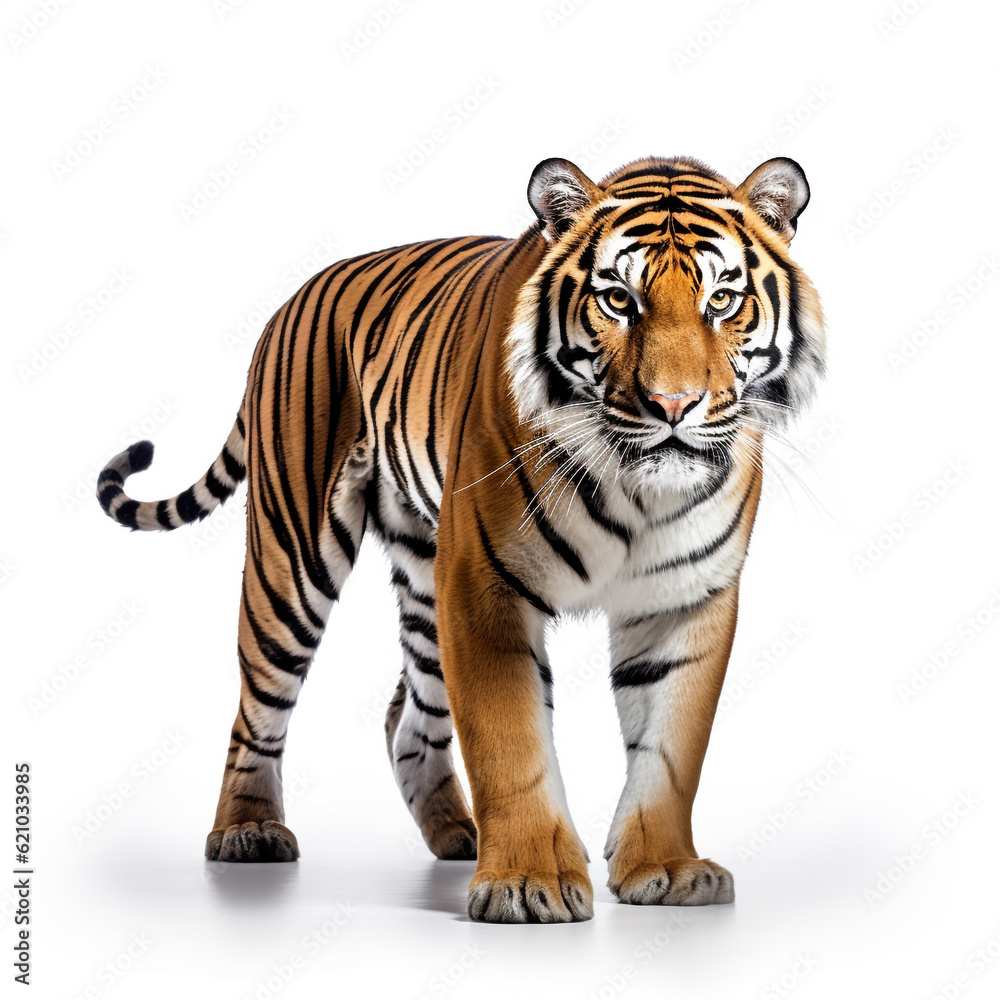 An adult tiger isolated on white background. Fierce eyes are watching the future.