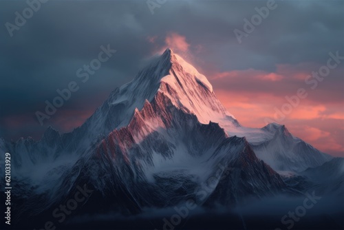 A snow-covered peak in the evening. made using generative AI tools