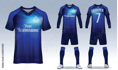 t-shirt sport design template, Soccer jersey mockup for football club. uniform front and back view. photo
