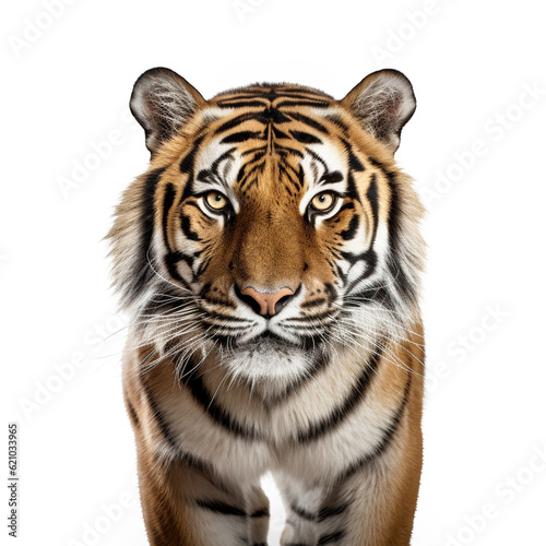 An adult tiger isolated on white background. Fierce eyes are watching the future.