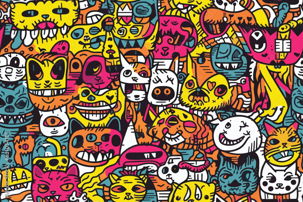 doodles representing cute cats, dogs, and skulls , organ pink-white color seamless pattern
