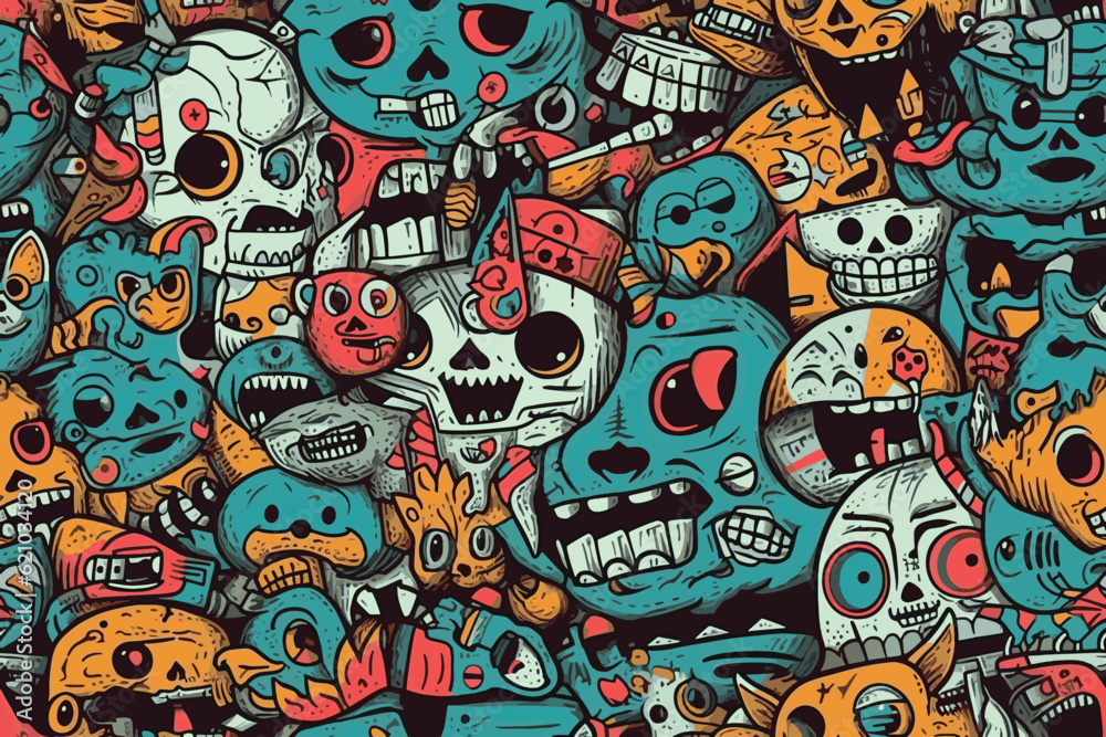 doodles representing cute cats, dogs, and skulls , organ yellow-white color seamless pattern.