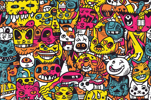 doodles representing cute cats  dogs  and skulls   organ pink-white color seamless pattern